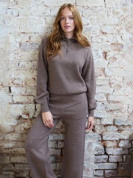 The Little Tailor Charlie Rib Knit Zip Neck Jumper, Dark Fawn