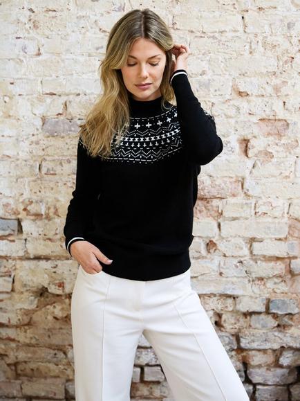 The Little Tailor Modern Fair Isle Funnel Neck Jumper, Black, Black