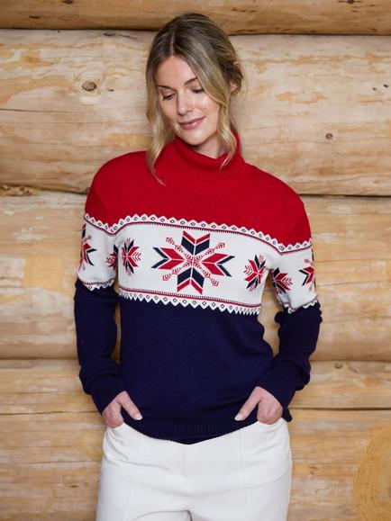 The Little Tailor Roll Neck Snowflake Jumper, Navy/Red, Navy/Red