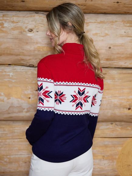 The Little Tailor Roll Neck Snowflake Jumper, Navy/Red - view 2, Navy/Red