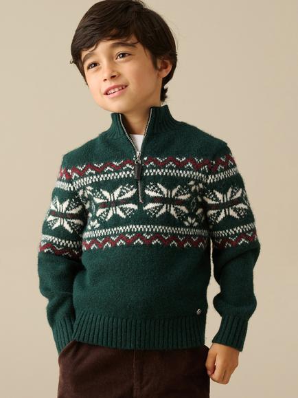 Angel & Rocket Kids' Oakley Zip Neck Fairisle Jumper, Green, Green
