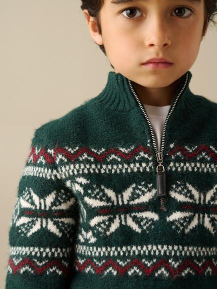 Angel & Rocket Kids' Oakley Zip Neck Fairisle Jumper, Green - view 2, Green