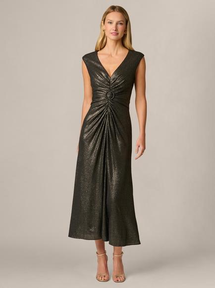 Adrianna Papell V-Neck Metallic Ankle Dress, Black/Gold, Black/Gold
