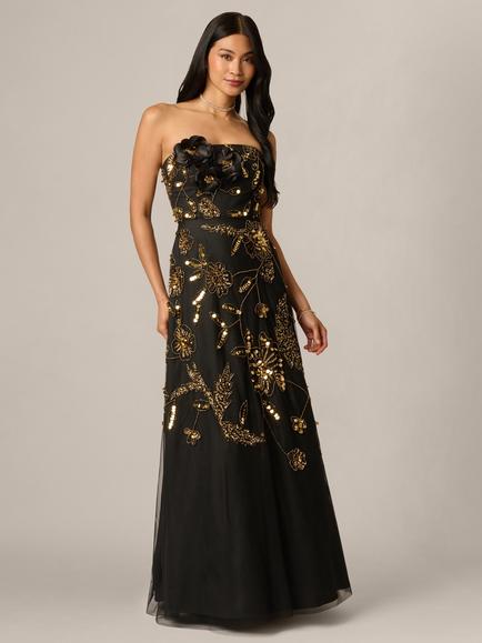 Adrianna Papell Floral Beaded Strapless Dress, Black/Gold, Black/Gold