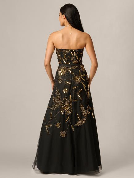Adrianna Papell Floral Beaded Strapless Dress, Black/Gold - view 2, Black/Gold