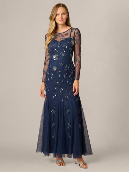 Adrianna Papell Mesh Long Sleeve Beaded Dress, Light Navy, Light Navy