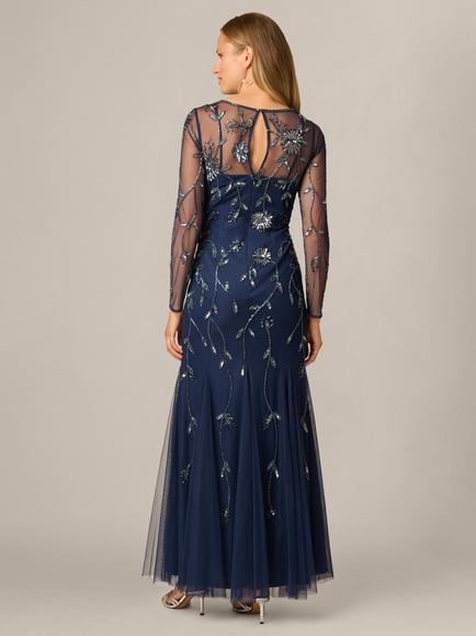 Adrianna Papell Mesh Long Sleeve Beaded Dress, Light Navy - view 2, Light Navy
