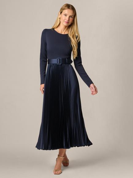 Adrianna Papell Long Sleeve Pleated Satin Midi Dress, Midnight, Midnight