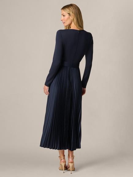 Adrianna Papell Long Sleeve Pleated Satin Midi Dress, Midnight - view 2, Midnight