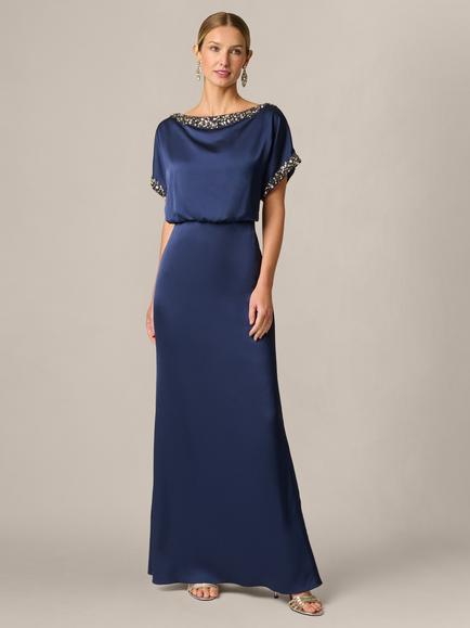 Aidan Mattox Satin Grecian Embellished Gown, Dark Navy, Dark Navy