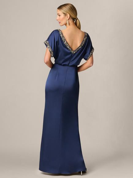 Aidan Mattox Satin Grecian Embellished Gown, Dark Navy - view 2, Dark Navy