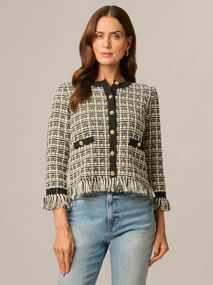Adrianna Papell Textured Check Fringe Cardigan, Black/Cream, Black/Cream