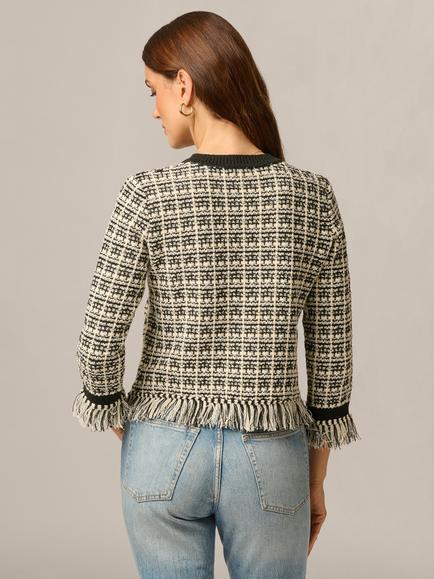 Adrianna Papell Textured Check Fringe Cardigan, Black/Cream - view 2, Black/Cream
