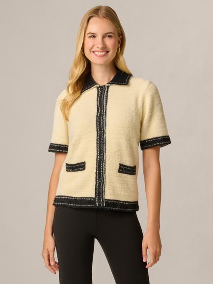 Adrianna Papell Short Sleeve Cardigan, Cream/Black, Cream/Black