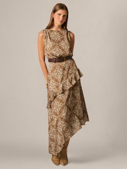 Adrianna Papell Belted Asymmetric Hem Midi Dress, Brown/Multi, Brown/Multi