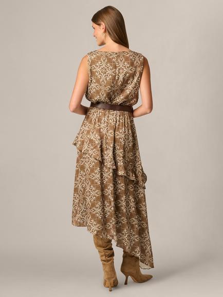 Adrianna Papell Belted Asymmetric Hem Midi Dress, Brown/Multi - view 2, Brown/Multi