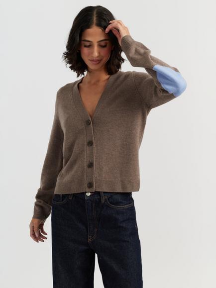 Chinti & Parker Wool Rich with Cashmere Elbow Patch Cardigan, Mushroom, Mushroom