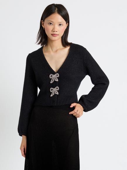 Chinti & Parker Wool Blend Embellished Bow Cardigan, Black, Black