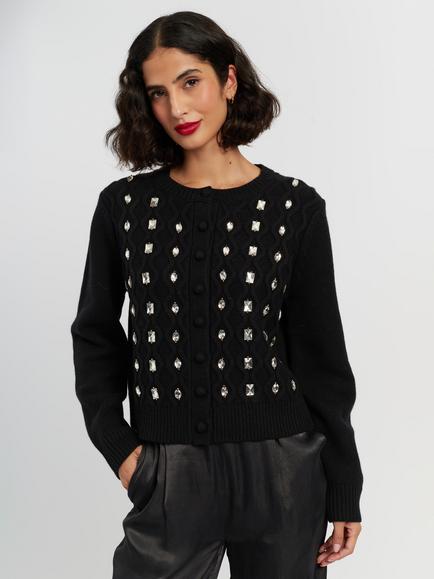 Chinti & Parker Pure Merino Wool Jewelled Cable Cardigan, Black, Black