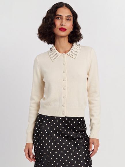 Chinti & Parker Wool Blend Jewelled Collar Cardigan, Cream, Cream