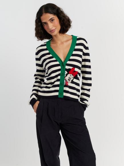 Chinti & Parker x Disney Minnie Striped Wool Rich with Cashmere Cardigan, Cream/Navy, Cream/ Navy