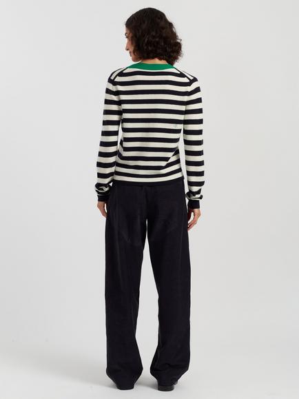 Chinti & Parker x Disney Minnie Striped Wool Rich with Cashmere Cardigan, Cream/Navy - view 2, Cream/ Navy