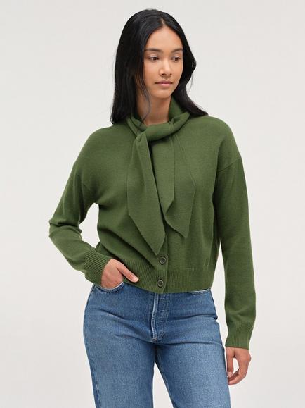 Chinti & Parker Wool Rich with Cashmere Tie Neck Cardigan, Moss, Moss