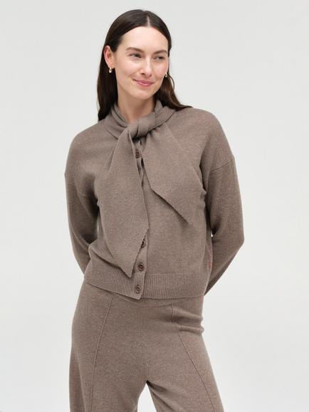 Chinti & Parker Wool Rich with Cashmere Tie Neck Cardigan, Mushroom, Mushroom