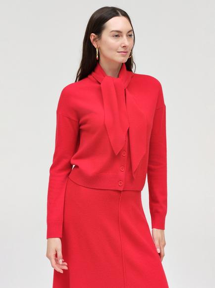 Chinti & Parker Wool Rich with Cashmere Tie Neck Cardigan, Velvet Red, Velvet Red
