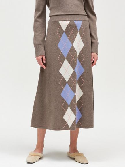 Chinti & Parker Wool Rich with Cashmere Argyle Skirt, Mushroom, Mushroom