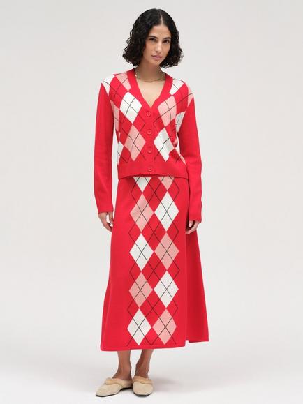 Chinti & Parker Argyle Wool Rich with Cashmere Midi Skirt, Red/Multi, Red/Multi