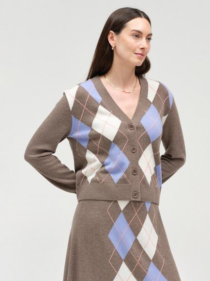 Chinti & Parker Wool Rich Argyle V-Neck Jumper, Mushroom, Mushroom