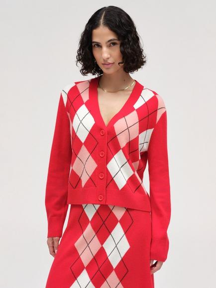 Chinti & Parker Wool Rich Argyle V-Neck Jumper, Red, Red
