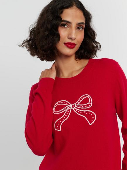 Chinti & Parker Bow Embroidered Wool Rich with Cashmere Jumper, Red