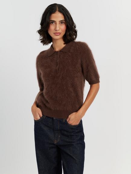 Chinti & Parker Brushed Cashmere Polo T-Shirt, Chocolate