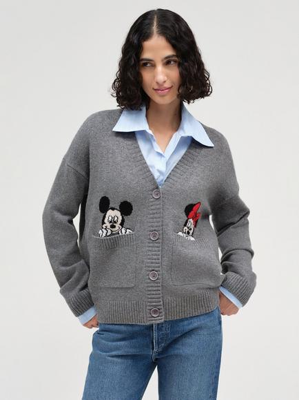 Chinti & Parker x Disney Mickey Minnie Wool Rich with Cashmere Peek Pocket Cardigan, Grey, Grey
