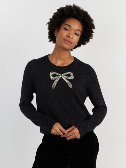 Chinti & Parker Embellished Bow Wool Rich with Cashmere Jumper, Black, Black