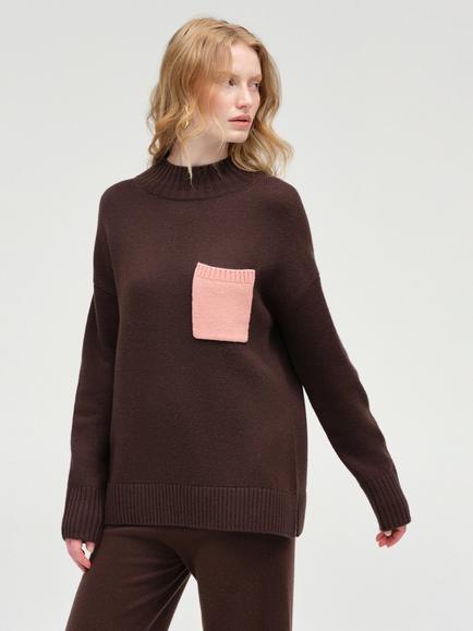 Chinti & Parker Wool Rich with Cashmere Pop Pocket Jumper, Chocolate/Salmon