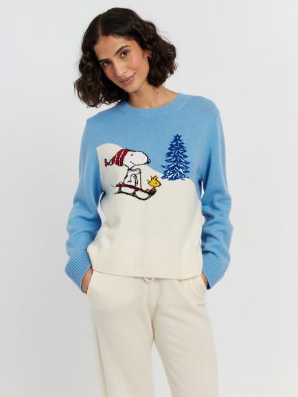 Chinti & Parker Peanuts Snoopy On The Slopes Wool Rich with Cashmere Jumper, Sky Blue, Sky Blue