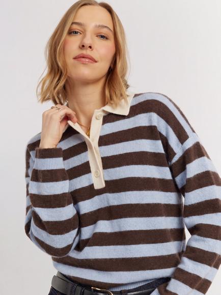 Chinti & Parker Pure Merino Wool Stripey Polo Top, Chocolate/Baby Blue, Chocolate/ Baby Blue