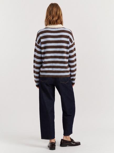 Chinti & Parker Pure Merino Wool Stripey Polo Top, Chocolate/Baby Blue - view 2, Chocolate/ Baby Blue