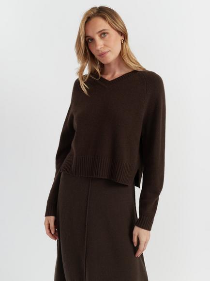 Chinti & Parker Wool Rich with Cashmere V-Neck Jumper, Chocolate, Chocolate