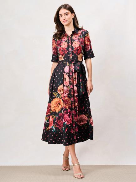 Hope & Ivy Merrielle Floral Midi Shirt Dress, Black/Multi, Black/Multi