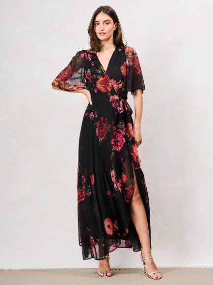 Hope & Ivy Anne-Marie Flutter Sleeve Floral Dress, Black/Multi, Black/Multi