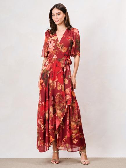 Hope & Ivy Ashley Tie Waist Wrap Dress, Burgundy/Multi, Burgundy/Multi