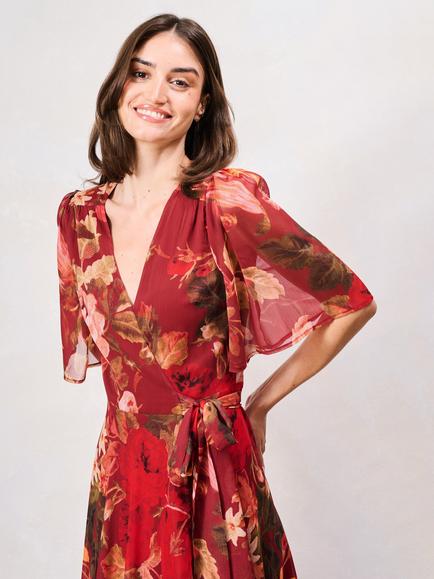 Hope & Ivy Ashley Tie Waist Wrap Dress, Burgundy/Multi - view 2, Burgundy/Multi