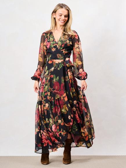 Hope & Ivy Betty Blouson Sleeve Wrap Dress, Black/Multi, Black/Multi