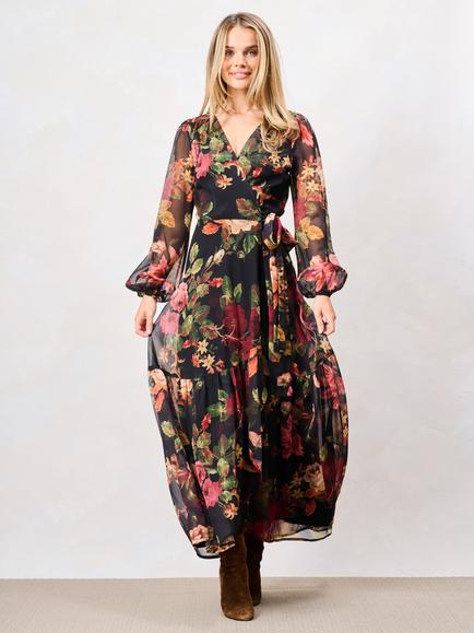 Hope & Ivy Betty Blouson Sleeve Wrap Dress, Black/Multi - view 2, Black/Multi