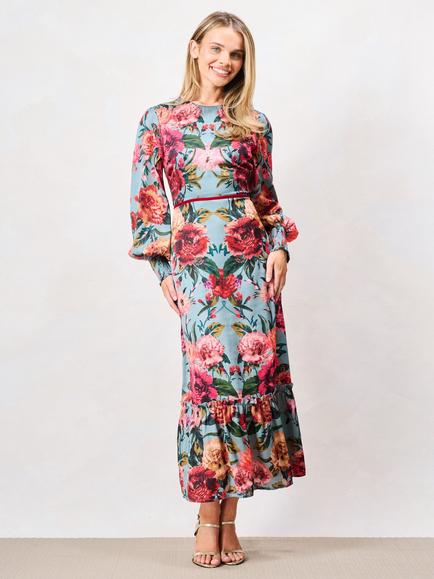 Hope & Ivy The Fawn Floral Blouson Sleeve High Neck Maxi Dress, Teal Multi, Teal Multi