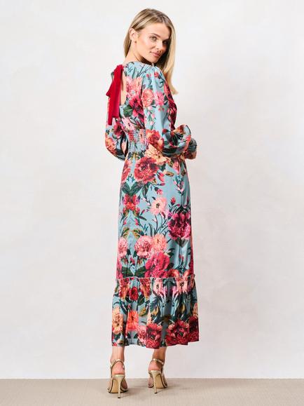 Hope & Ivy The Fawn Floral Blouson Sleeve High Neck Maxi Dress, Teal Multi - view 2, Teal Multi